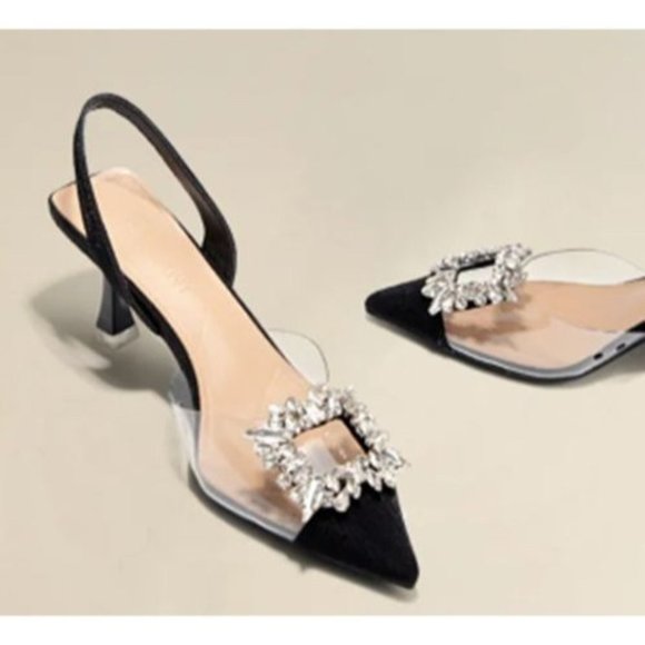 Shoes - Black Clear Rhinestone Slingback Sandal Pumps